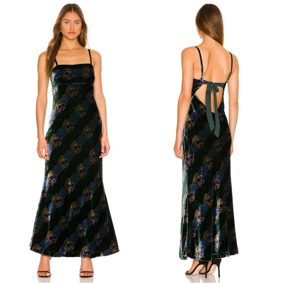 Free People Juliet Velvet Printed Maxi Dress Size Medium NWT Emerald Combo Maxi